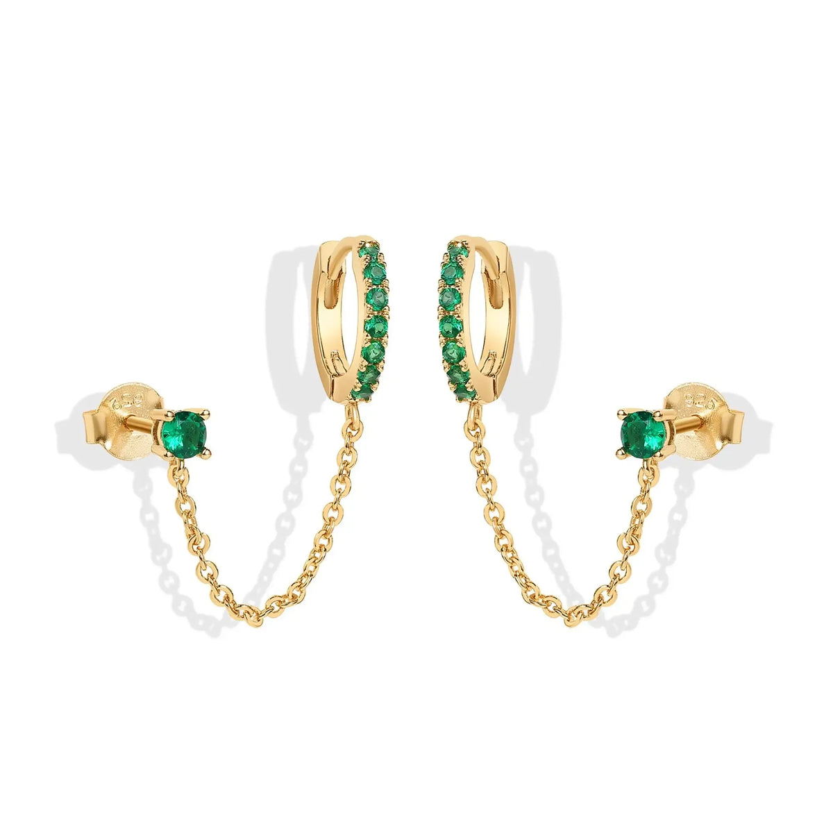 14K Gold Plated Chain Earrings for Women - Double Piercing Dangle Chain Huggie Hoop Earrings - Cubic Zirconia Single Stud Ear Cuff Earrings for Women