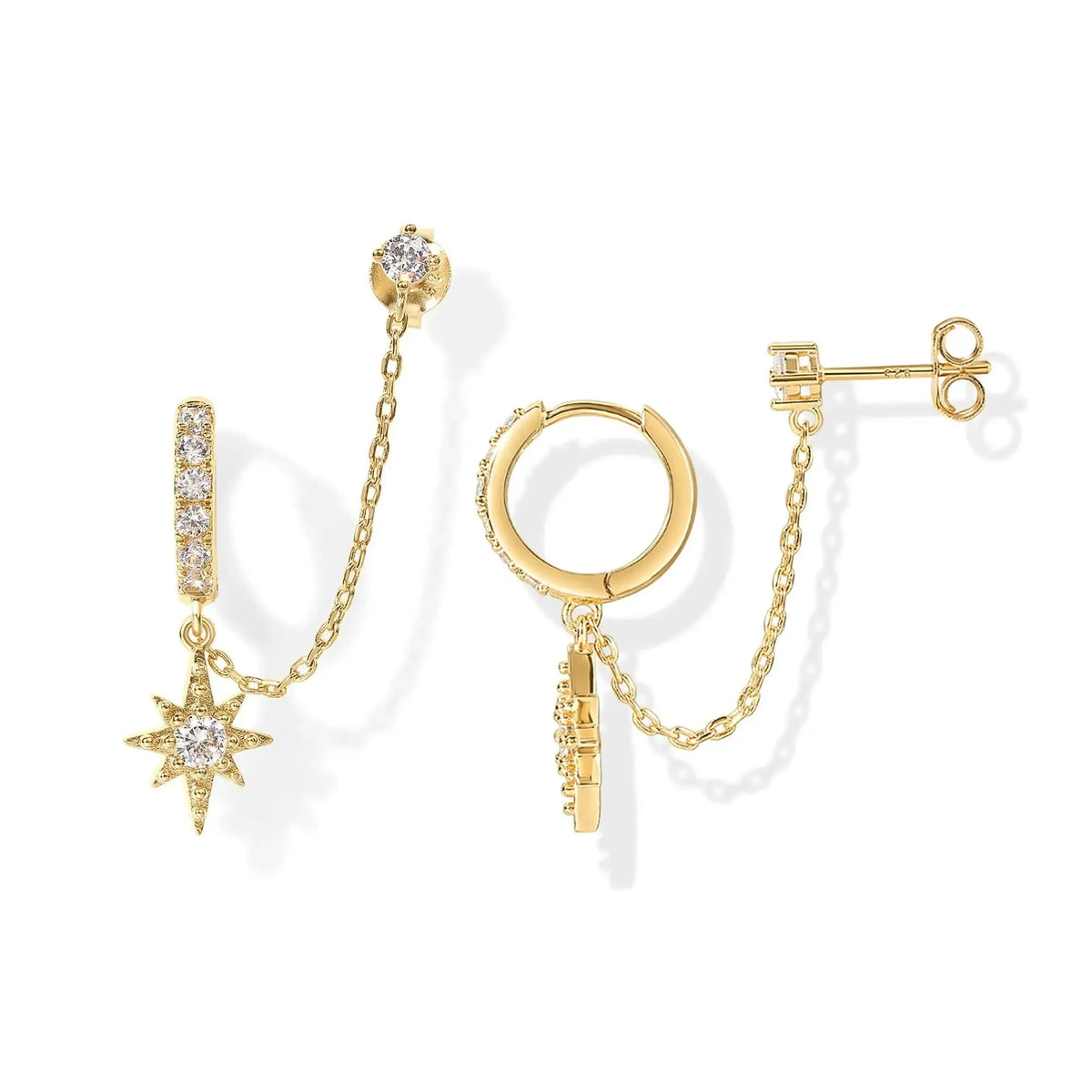 14K Gold Plated Chain Earrings for Women - Double Piercing Dangle Chain Huggie Hoop Earrings - Cubic Zirconia Single Stud Ear Cuff Earrings for Women