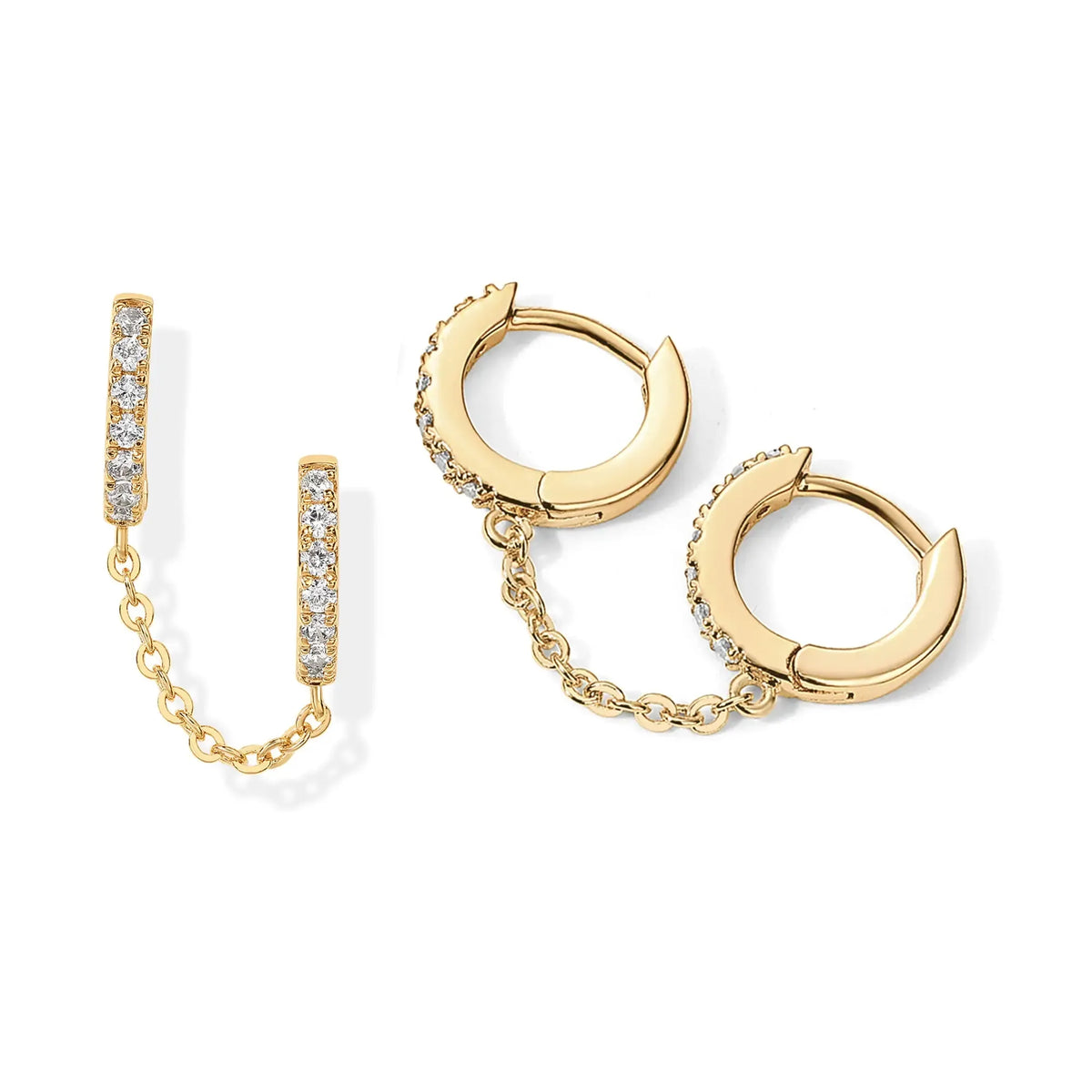 14K Gold Plated Chain Earrings for Women - Double Piercing Dangle Chain Huggie Hoop Earrings - Cubic Zirconia Single Stud Ear Cuff Earrings for Women