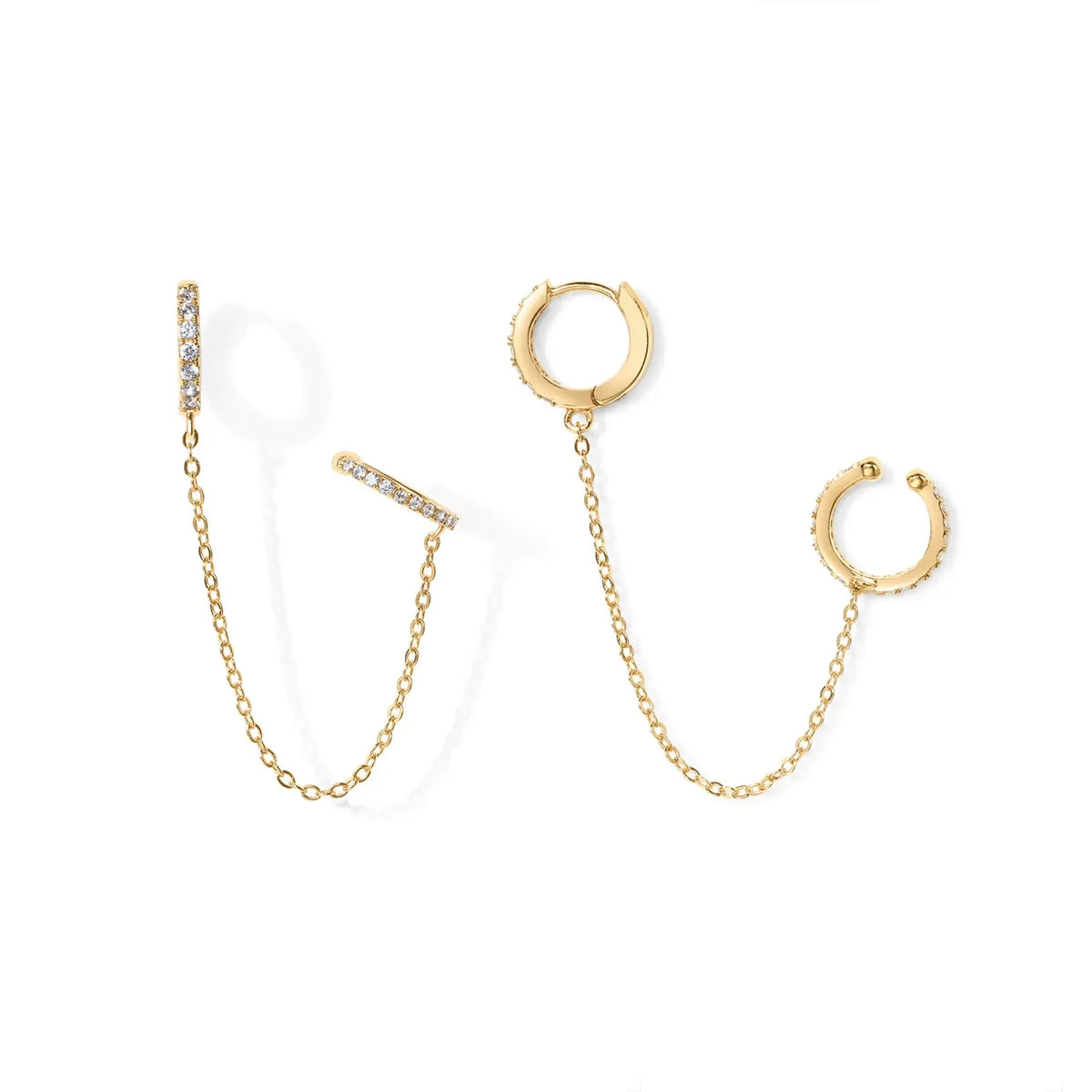 14K Gold Plated Chain Earrings for Women - Double Piercing Dangle Chain Huggie Hoop Earrings - Cubic Zirconia Single Stud Ear Cuff Earrings for Women