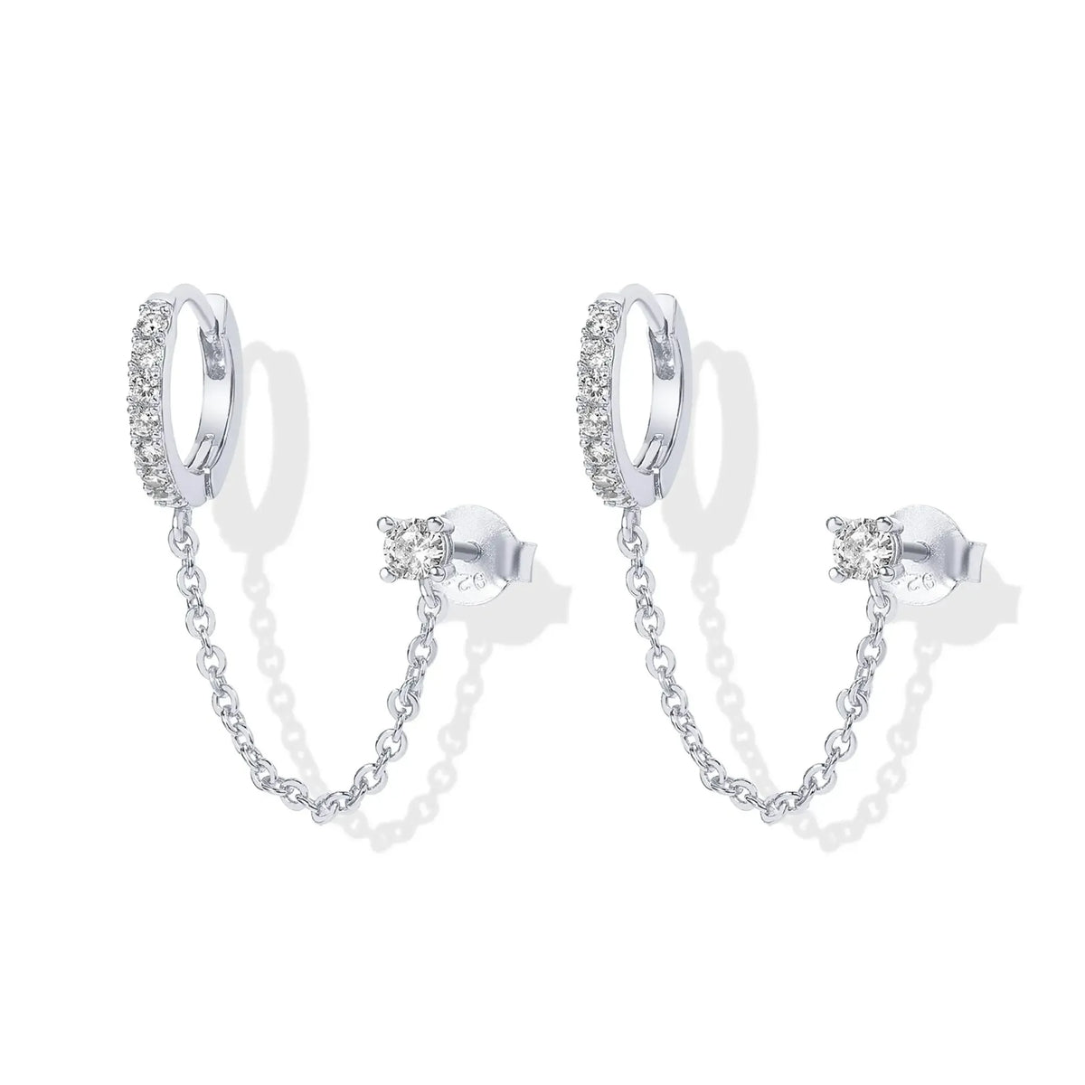 14K Gold Plated Chain Earrings for Women - Double Piercing Dangle Chain Huggie Hoop Earrings - Cubic Zirconia Single Stud Ear Cuff Earrings for Women
