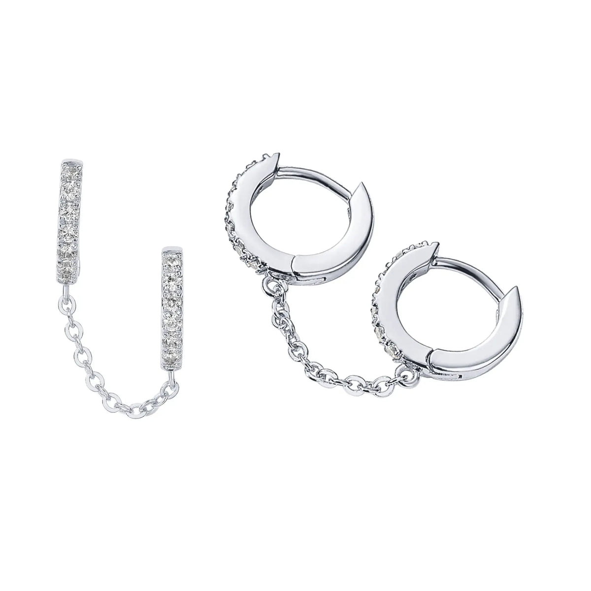 14K Gold Plated Chain Earrings for Women - Double Piercing Dangle Chain Huggie Hoop Earrings - Cubic Zirconia Single Stud Ear Cuff Earrings for Women