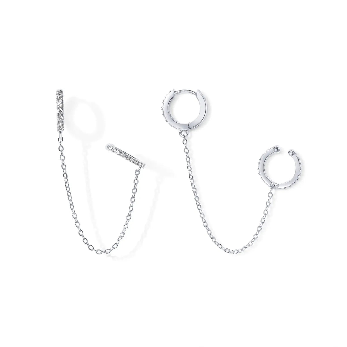 14K Gold Plated Chain Earrings for Women - Double Piercing Dangle Chain Huggie Hoop Earrings - Cubic Zirconia Single Stud Ear Cuff Earrings for Women