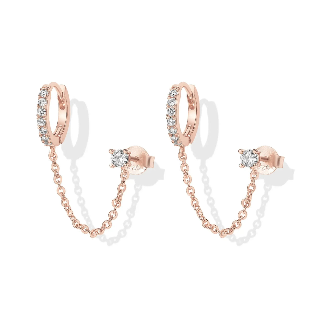14K Gold Plated Chain Earrings for Women - Double Piercing Dangle Chain Huggie Hoop Earrings - Cubic Zirconia Single Stud Ear Cuff Earrings for Women