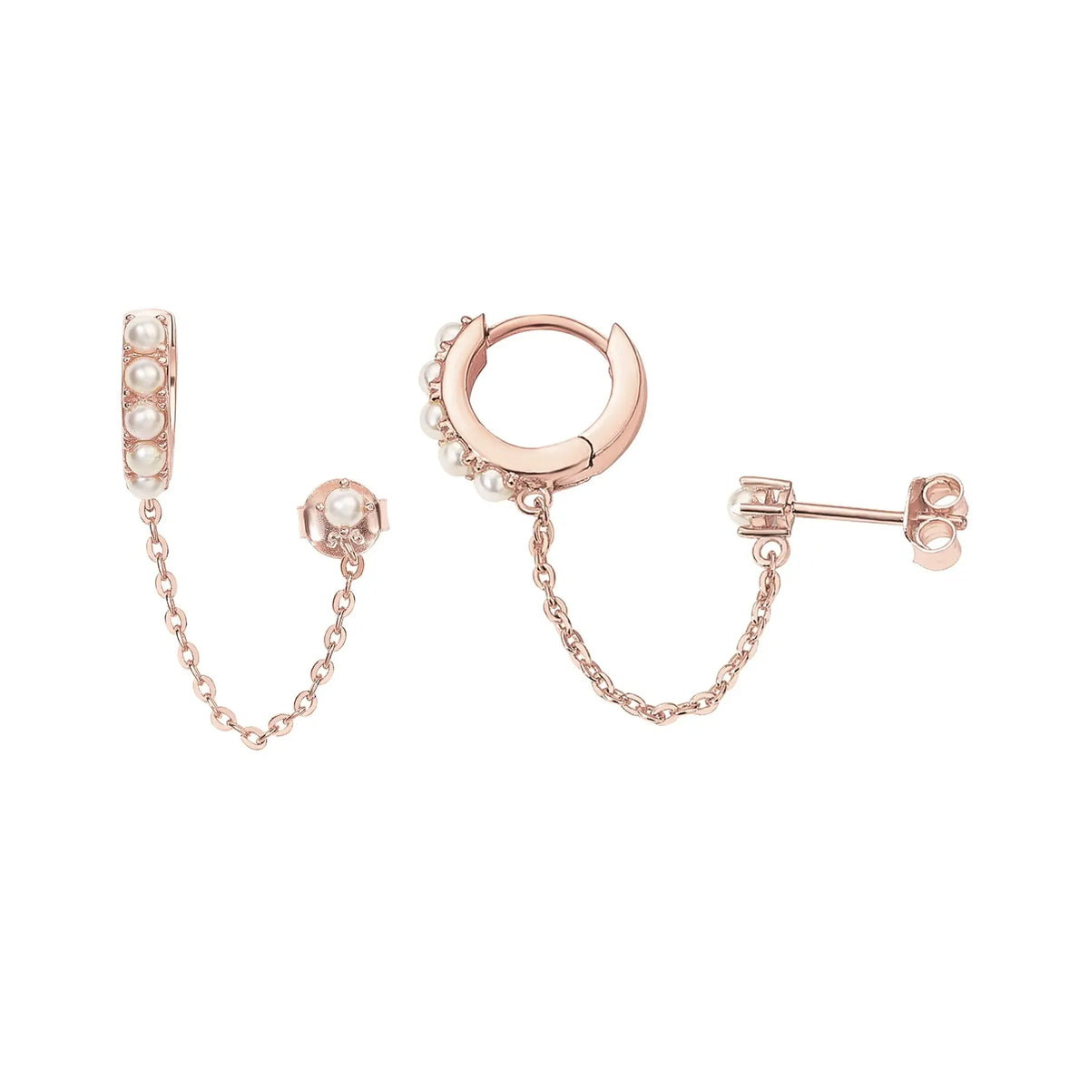14K Gold Plated Chain Earrings for Women - Double Piercing Dangle Chain Huggie Hoop Earrings - Cubic Zirconia Single Stud Ear Cuff Earrings for Women