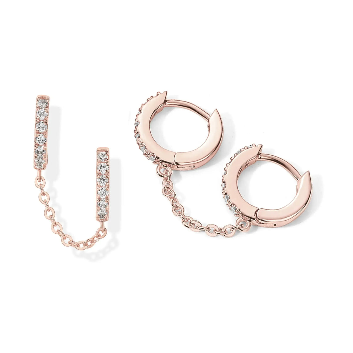 14K Gold Plated Chain Earrings for Women - Double Piercing Dangle Chain Huggie Hoop Earrings - Cubic Zirconia Single Stud Ear Cuff Earrings for Women