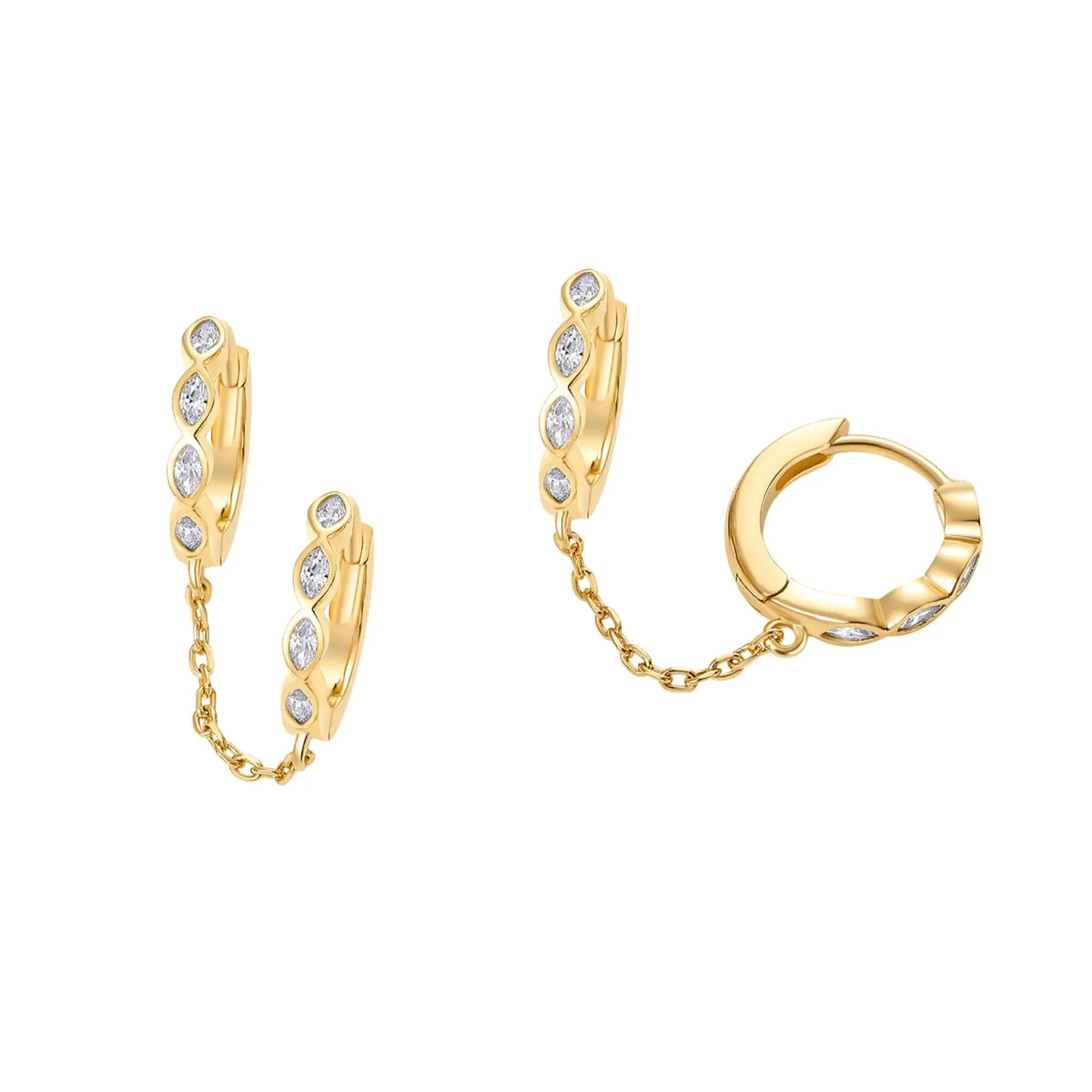 14K Gold Plated Chain Earrings for Women - Double Piercing Dangle Chain Huggie Hoop Earrings - Cubic Zirconia Single Stud Ear Cuff Earrings for Women