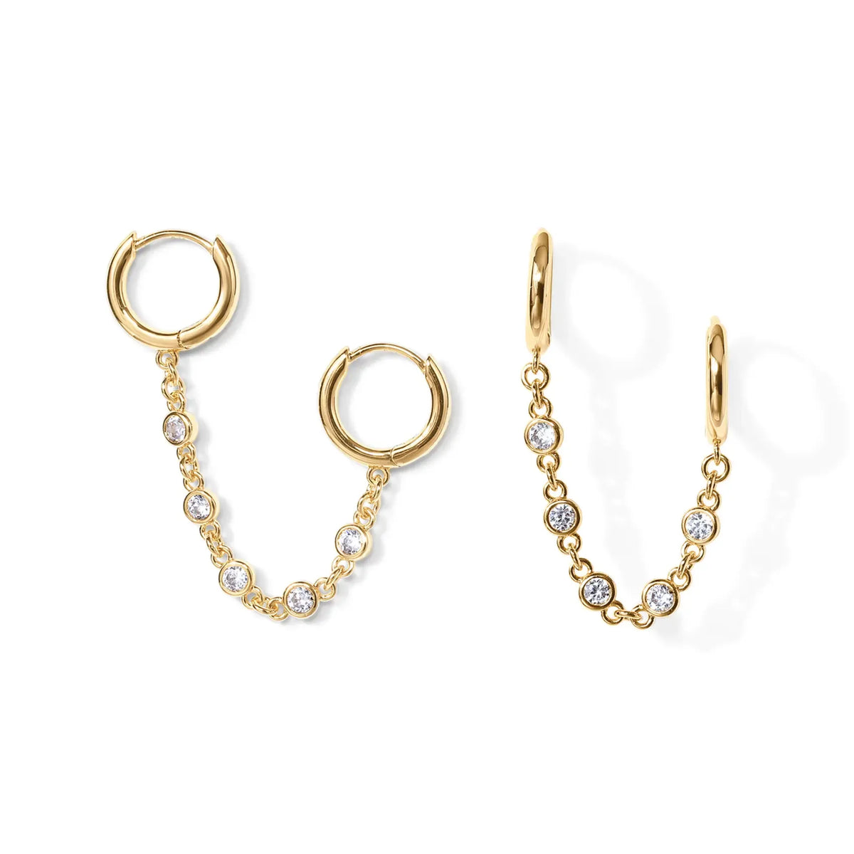 14K Gold Plated Chain Earrings for Women - Double Piercing Dangle Chain Huggie Hoop Earrings - Cubic Zirconia Single Stud Ear Cuff Earrings for Women