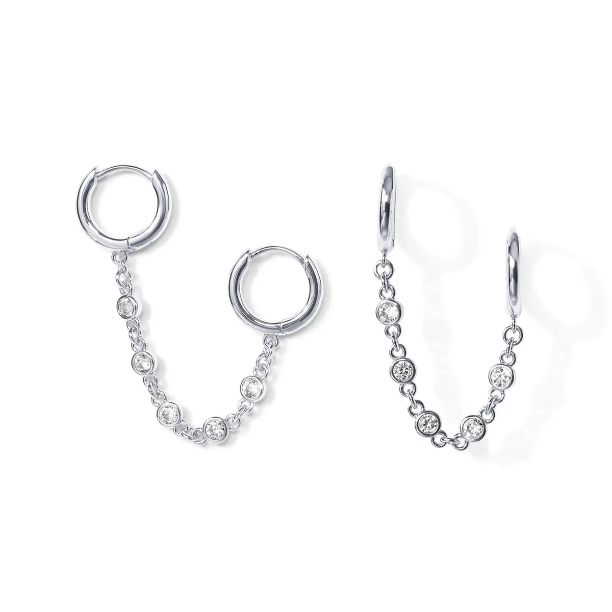 14K Gold Plated Chain Earrings for Women - Double Piercing Dangle Chain Huggie Hoop Earrings - Cubic Zirconia Single Stud Ear Cuff Earrings for Women
