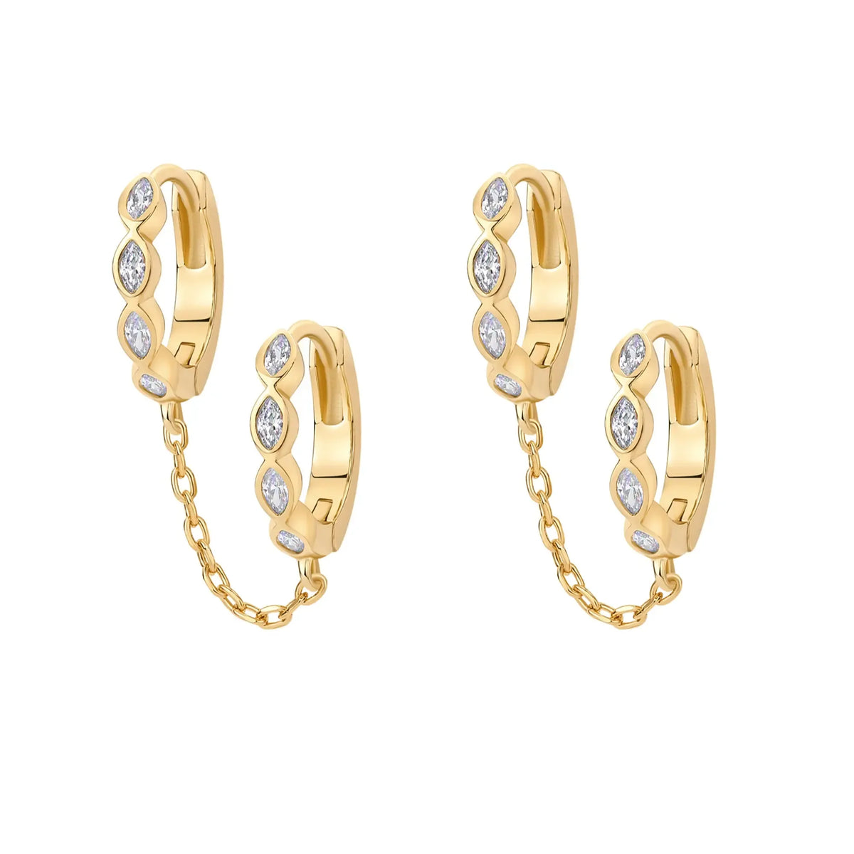 14K Gold Plated Chain Earrings for Women - Double Piercing Dangle Chain Huggie Hoop Earrings - Cubic Zirconia Single Stud Ear Cuff Earrings for Women