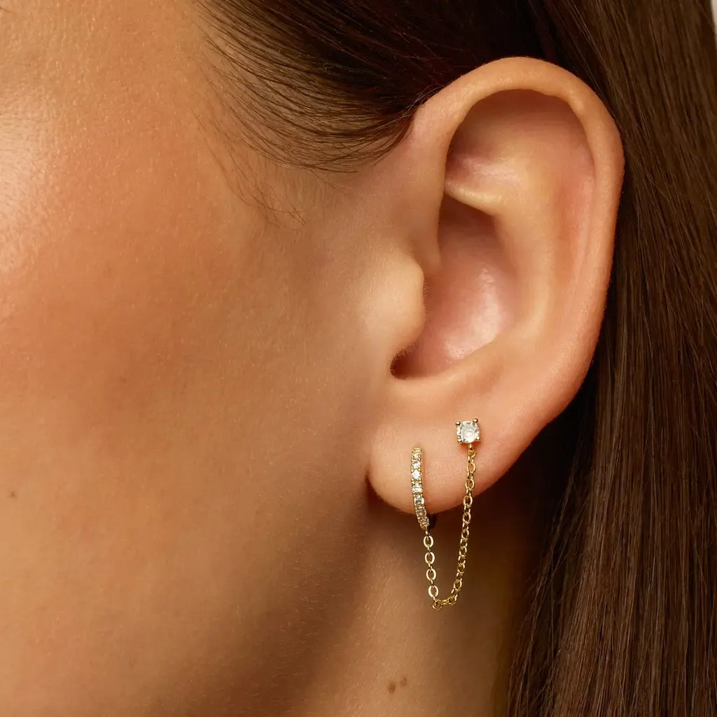 14K Gold Plated Chain Earrings for Women - Double Piercing Dangle Chain Huggie Hoop Earrings - Cubic Zirconia Single Stud Ear Cuff Earrings for Women